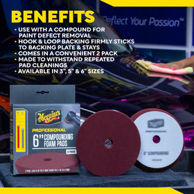 Meguiar's before-and-after correction panel showing deep swirl removal and improved clarity