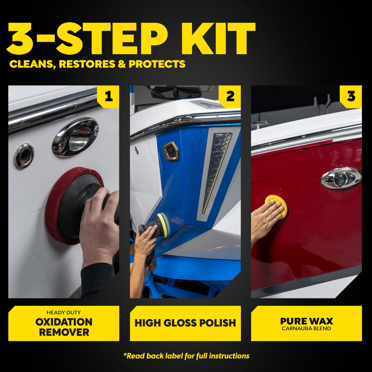Meguiar's before-and-after hull comparison showing restored gloss and removed oxidation