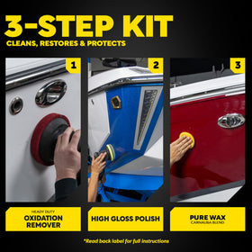 Meguiar's before-and-after hull comparison showing restored gloss and removed oxidation