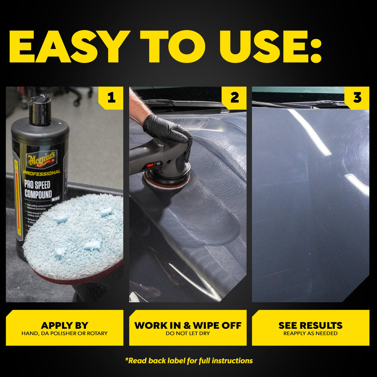 Meguiar's before and after panel showing defect removal and restored gloss