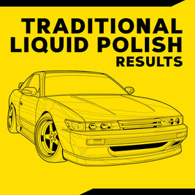 Meguiar's before and after reflections showing swirl concealment benefit