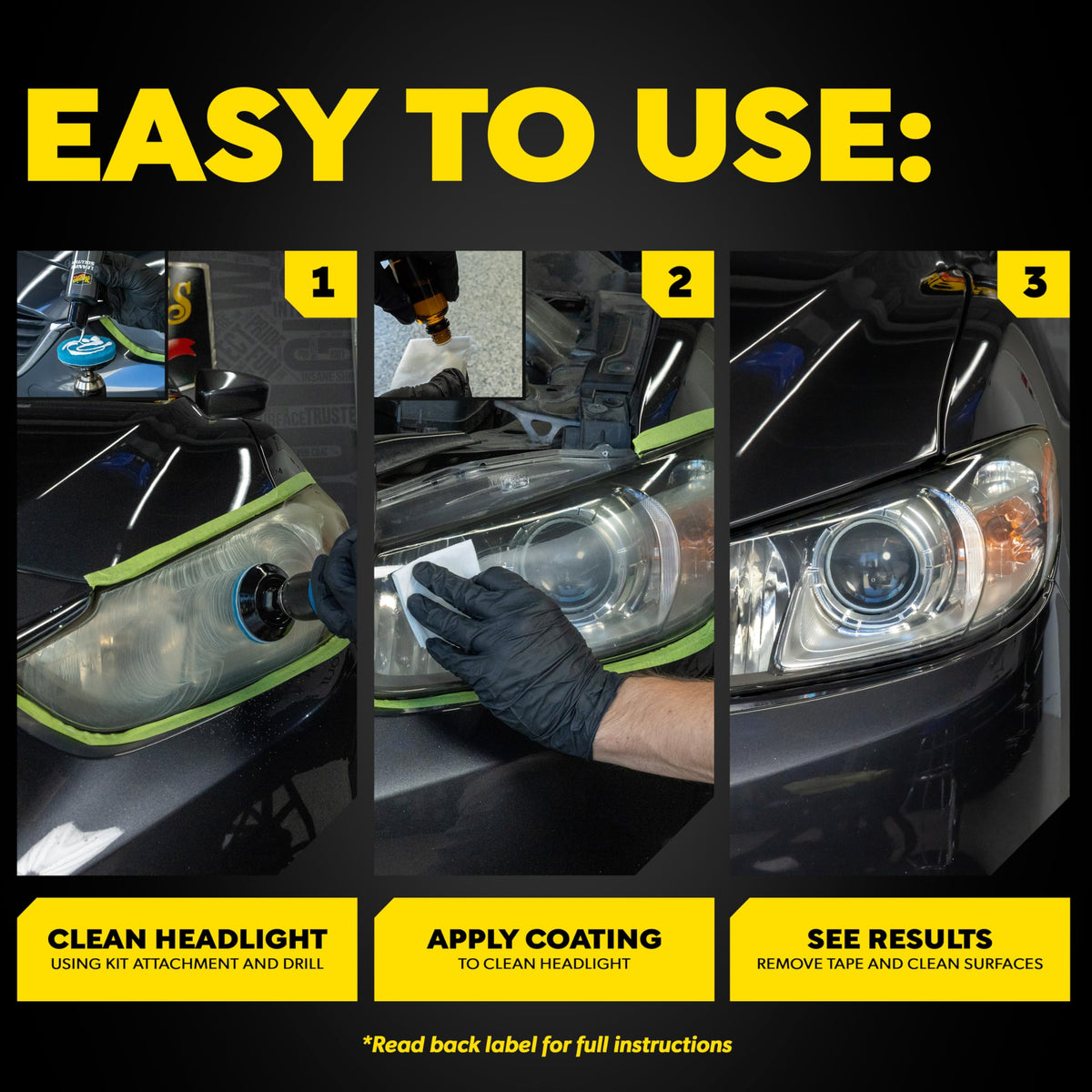 Meguiar's side-by-side before and after restored headlight clarity and brightness