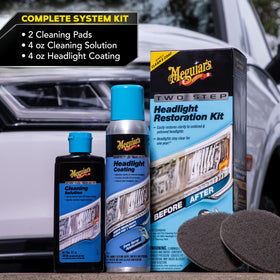 Meguiar's before and after headlights side-by-side showing dramatic clarity improvement
