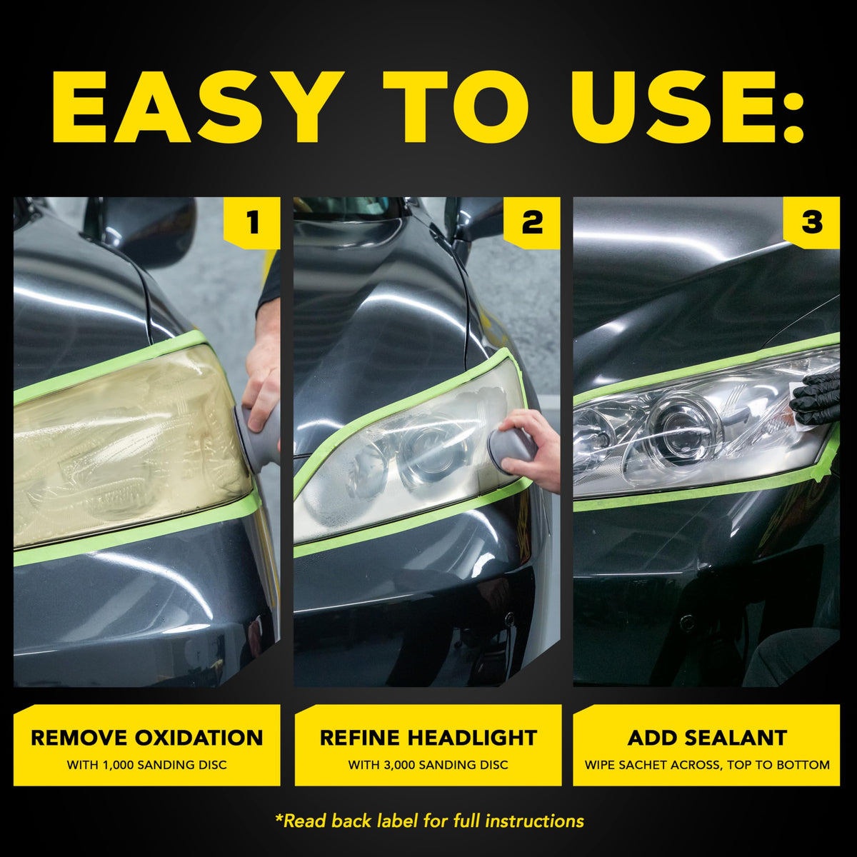 Meguiar's before and after headlight showing restored clarity and improved visibility