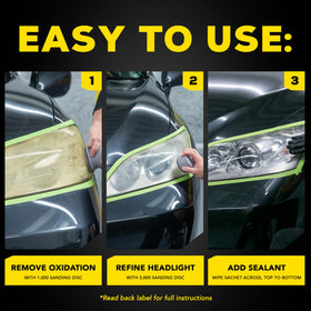 Meguiar's before and after headlight showing restored clarity and improved visibility
