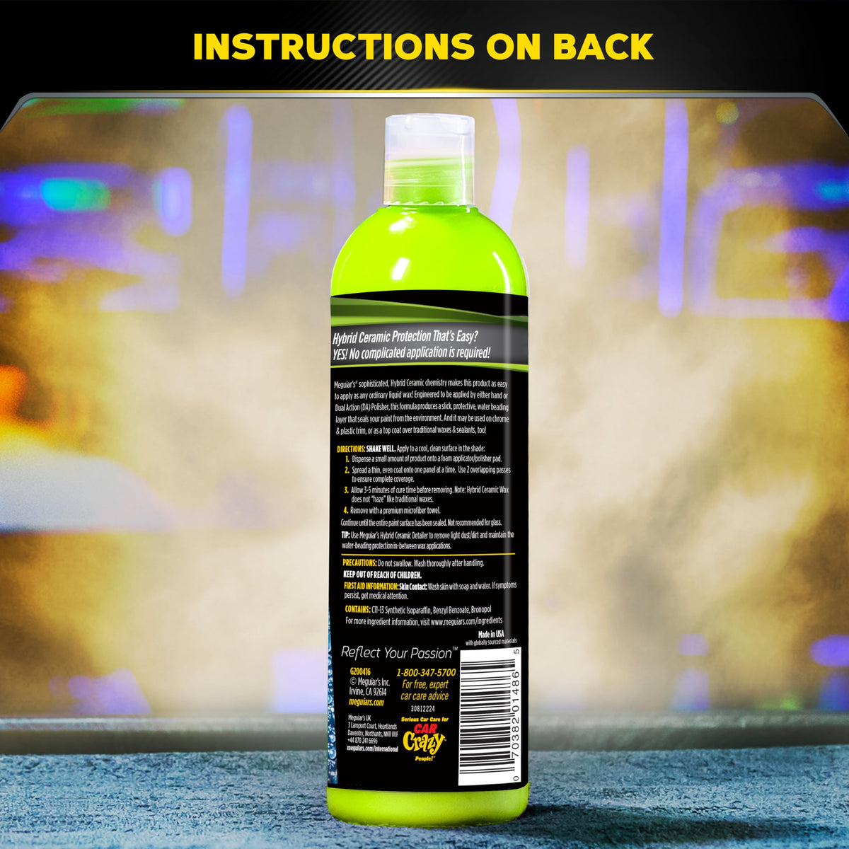 Meguiar's bottle next to hand showing 16 oz size and portability