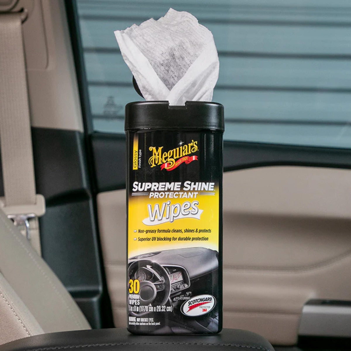 Meguiar's open canister with wipe pull demonstrating ready-to-use convenience