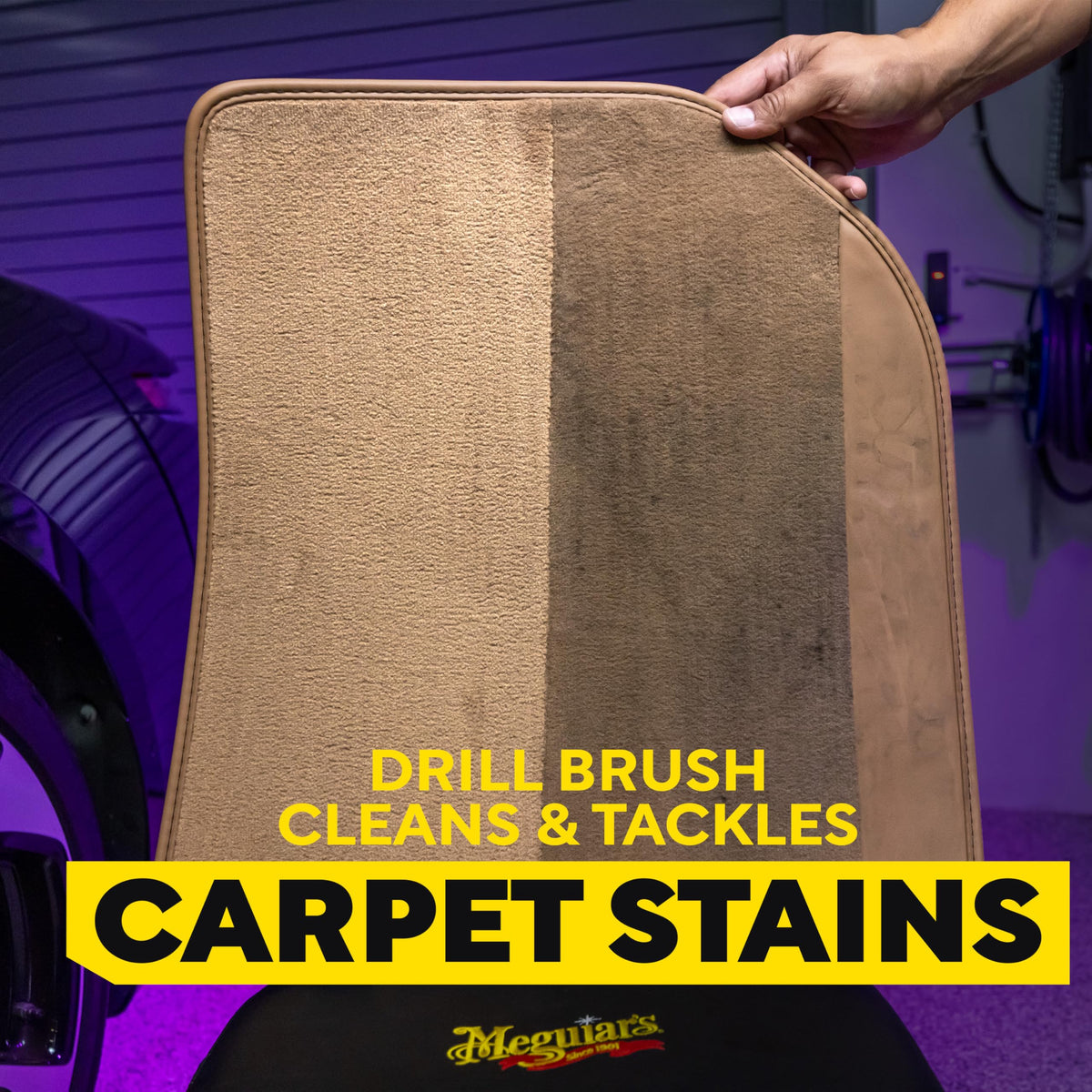 Meguiar's before and after carpet cleaning demonstrating lifted stains and refreshed fibers