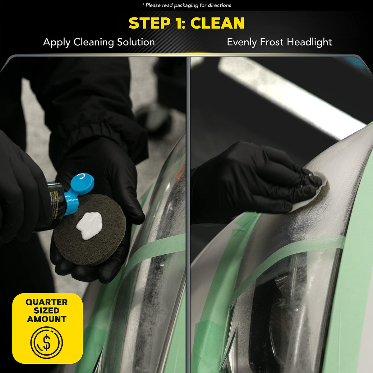 Meguiar's cleaning solution bottle label visible for correct application guidance