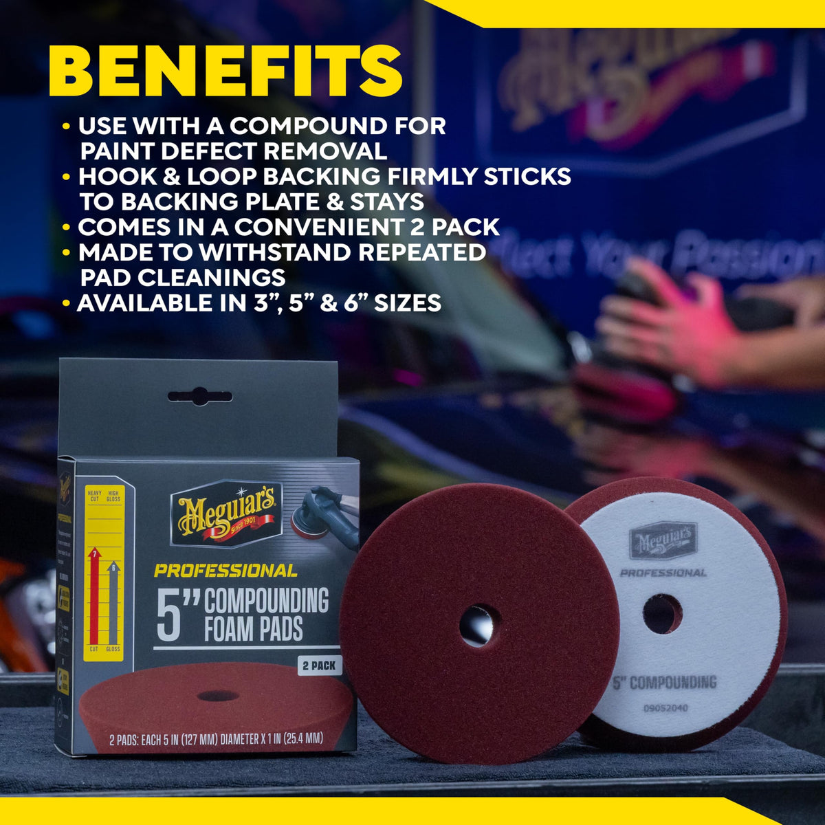 Meguiar's label closeup showing compatibility with rotary and DA polishers