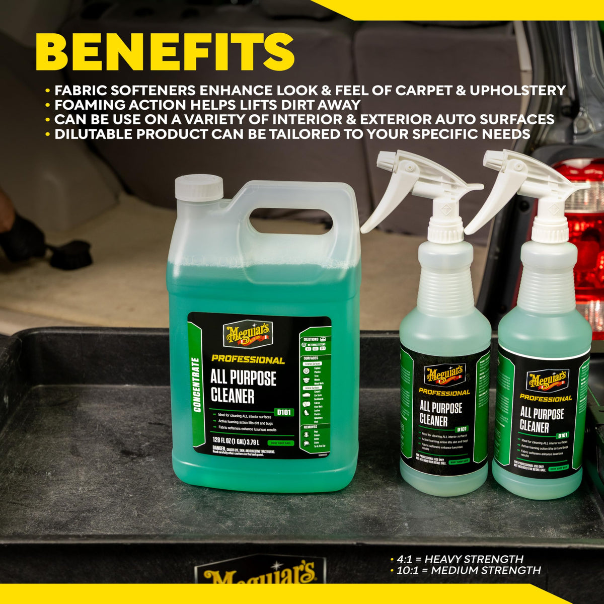 Meguiar's D101 in a garage setup with towels and brushes, supports organized detailing