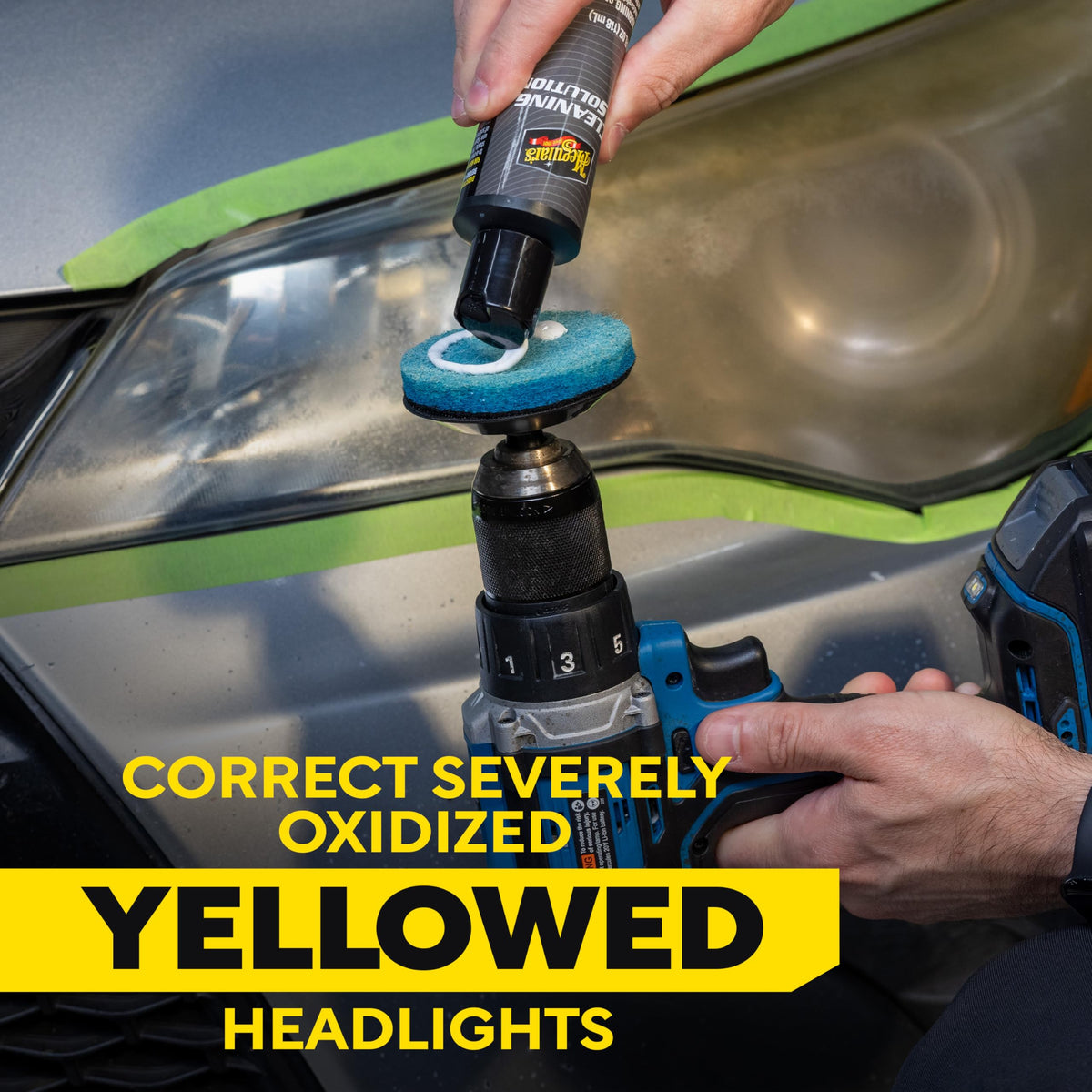 Meguiar's drill with oxidation pad removing yellowing for efficient cleaning