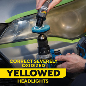 Meguiar's drill with oxidation pad removing yellowing for efficient cleaning