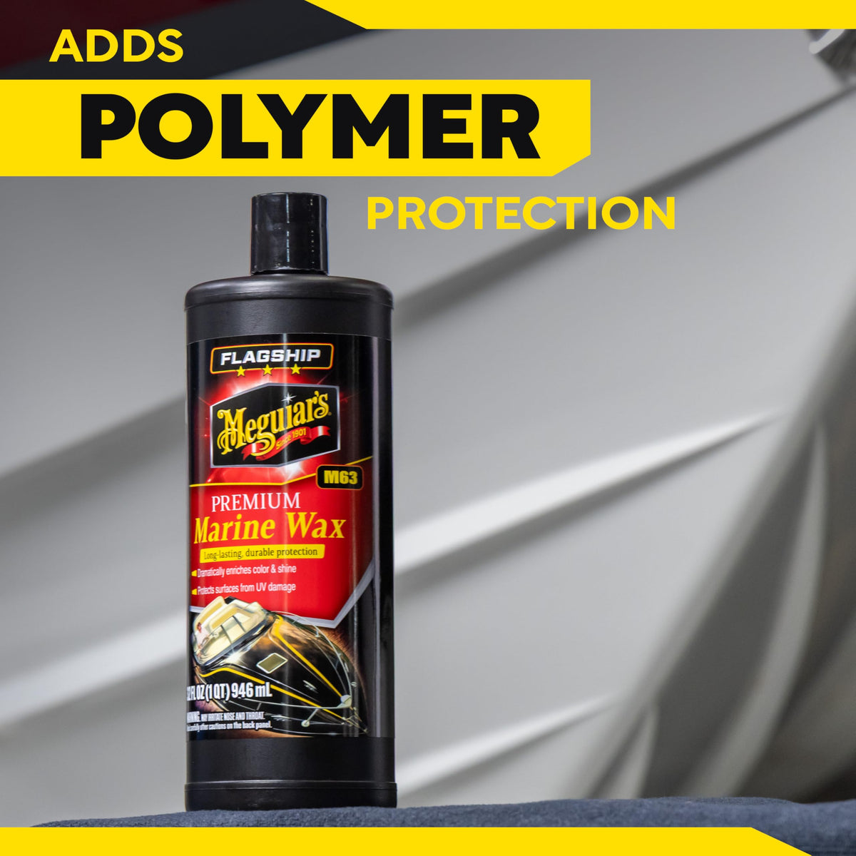 Meguiar's on boat hull in sunlight showcasing UV protection and gloss