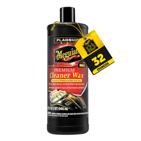 Meguiar's bottle front label showing product identity and size, clear benefit visible