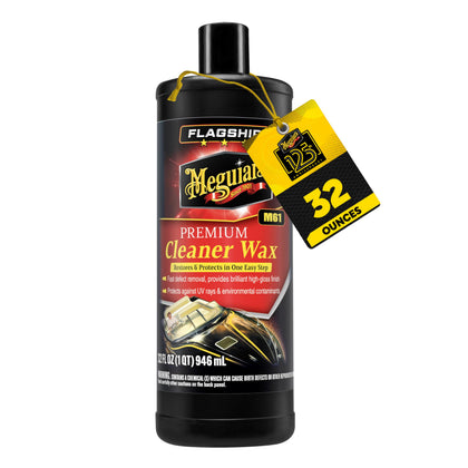Meguiar's bottle front label showing product identity and size, clear benefit visible