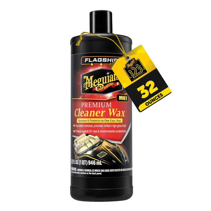 Meguiar's bottle front label showing product identity and size, clear benefit visible