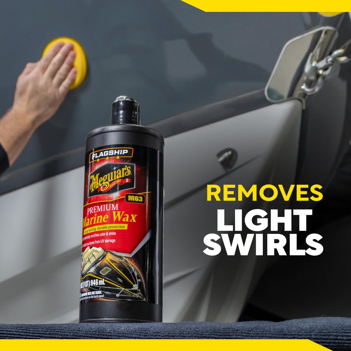Meguiar's bottle next to a hand indicating true 32 oz scale benefit