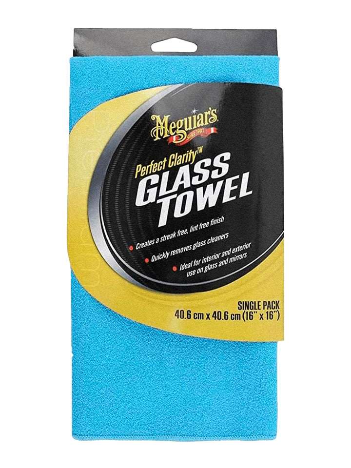 Meguiar's front packaging of three blue glass towels showing streak-free results