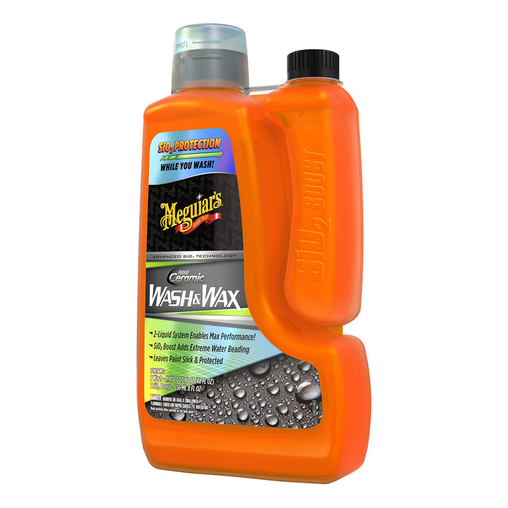 Meguiar's front packaging of Hybrid Ceramic Wash & Wax showing included bottles and benefits