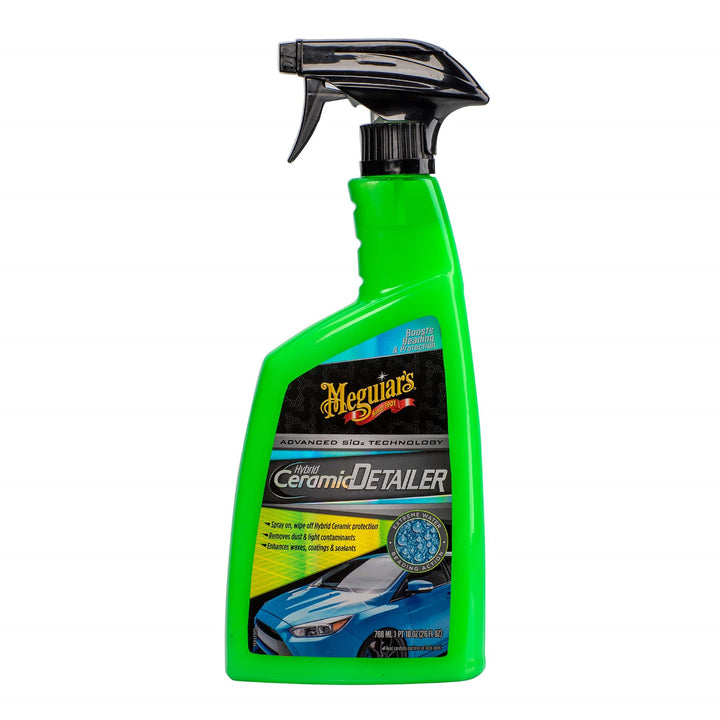 Meguiar's spray bottle front view showing ergonomic handle and clear label benefit