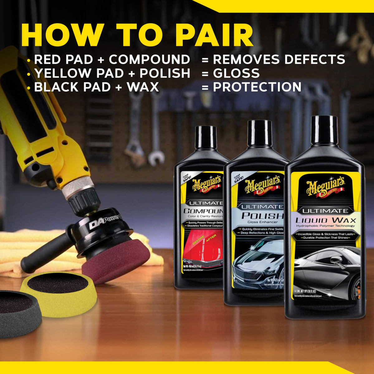 Meguiar's G3500 with Meguiar's DA packs showing recommended product pairing