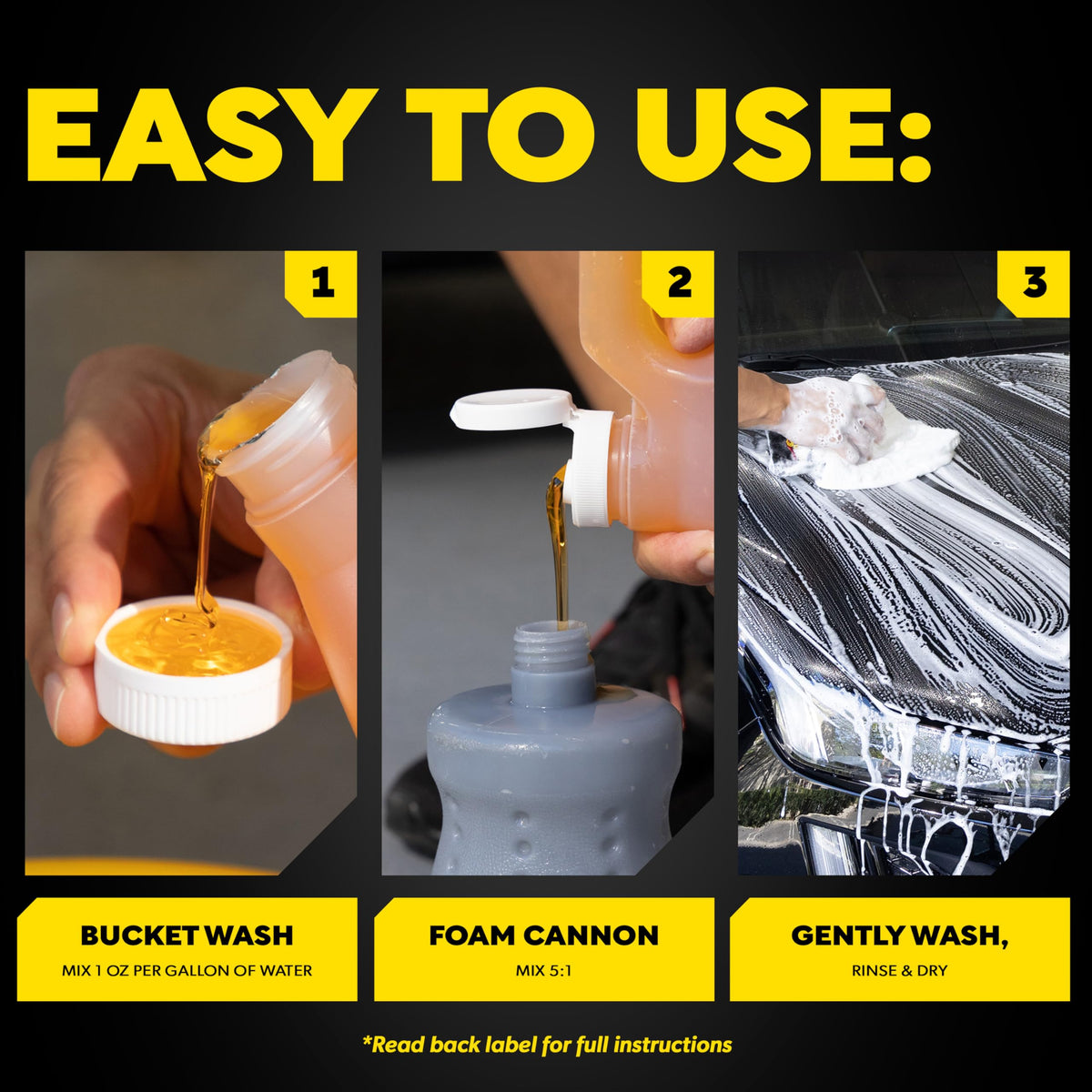 Meguiar's bucket-and-mitt wash setup showing safe, scratch-minimizing technique