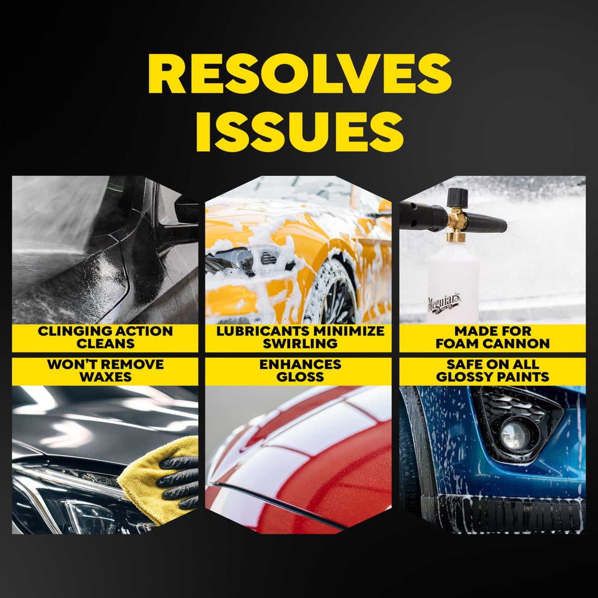 Meguiar's foam cannon releasing dense white foam on car hood for effective cleaning