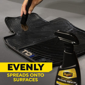 Vinyl seat before and after using Meguiar's demonstrating richer look, no shine