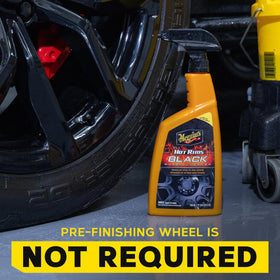 Meguiar's Hot Rims bottle beside wheel brush ready for agitation, simplifies deep cleaning