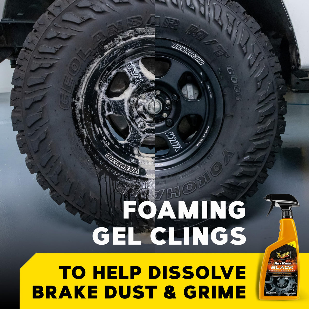 Meguiar's Hot Rims close-up of thick foam clinging to a spoke, demonstrating staying power