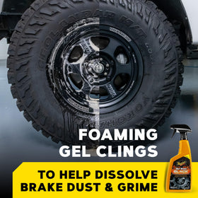 Meguiar's Hot Rims close-up of thick foam clinging to a spoke, demonstrating staying power