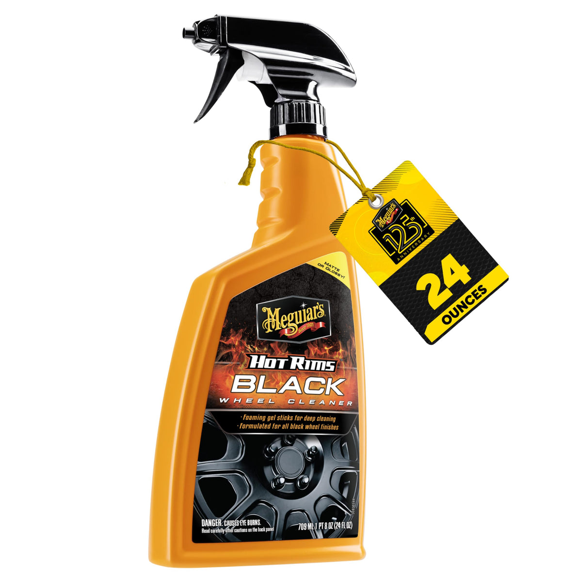 Meguiar's Hot Rims front label showing product name and 24 oz size, clear branding benefit