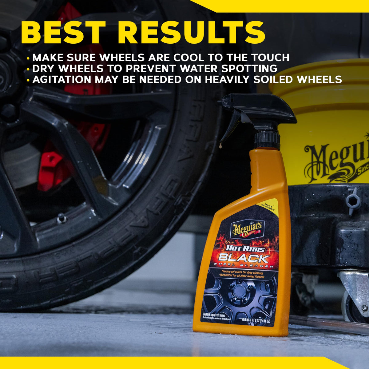 Meguiar's Hot Rims in garage lifestyle scene with car owner detailing wheels, professional finish