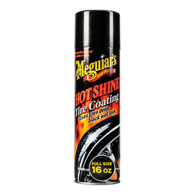 Meguiar's aerosol in use spraying tire sidewall for quick application benefit