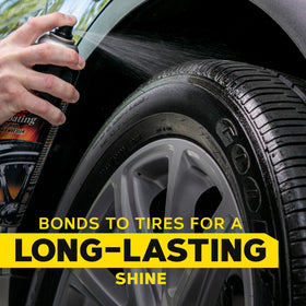 Meguiar's freshly cleaned tire being sprayed for better adhesion and results