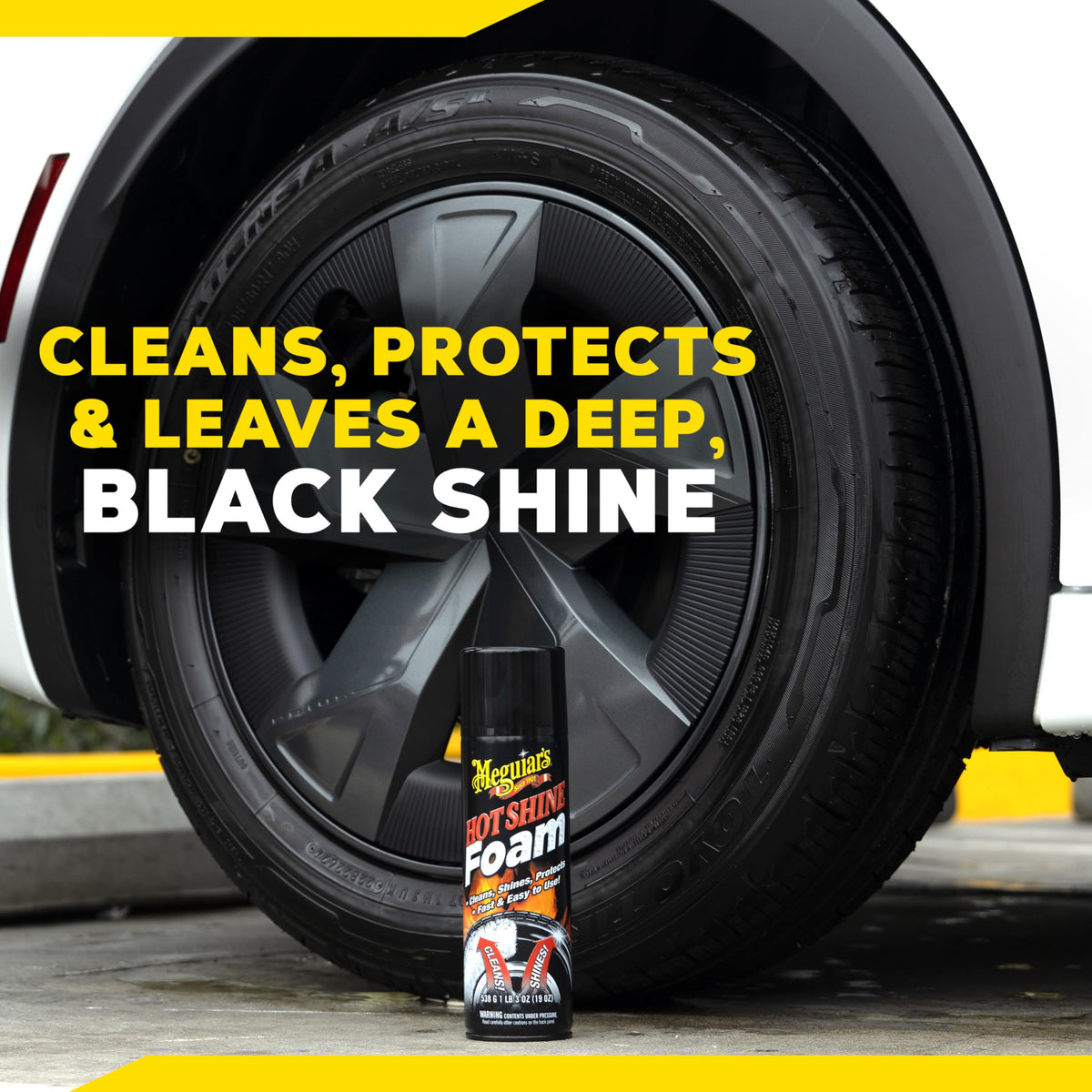 Meguiar's Hot Shine Tire Foam being sprayed for deep black shine