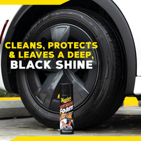 Meguiar's Hot Shine Tire Foam being sprayed for deep black shine