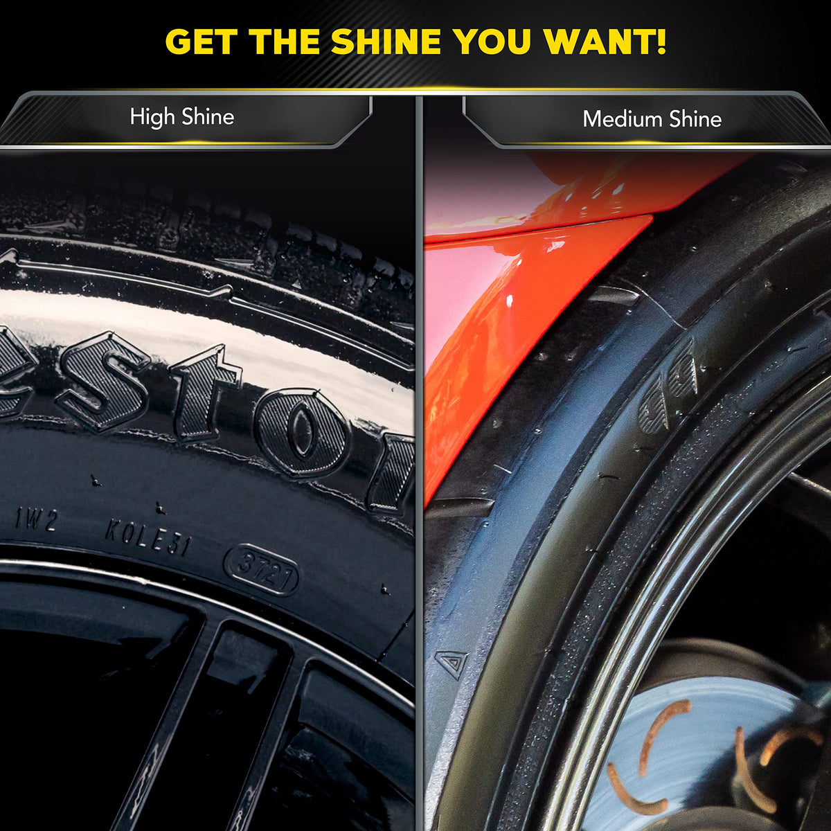 Meguiar's before and after tire showing restored black color and gloss benefit
