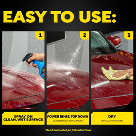 Meguiar's bottle beside a microfiber towel showing portable maintenance kit
