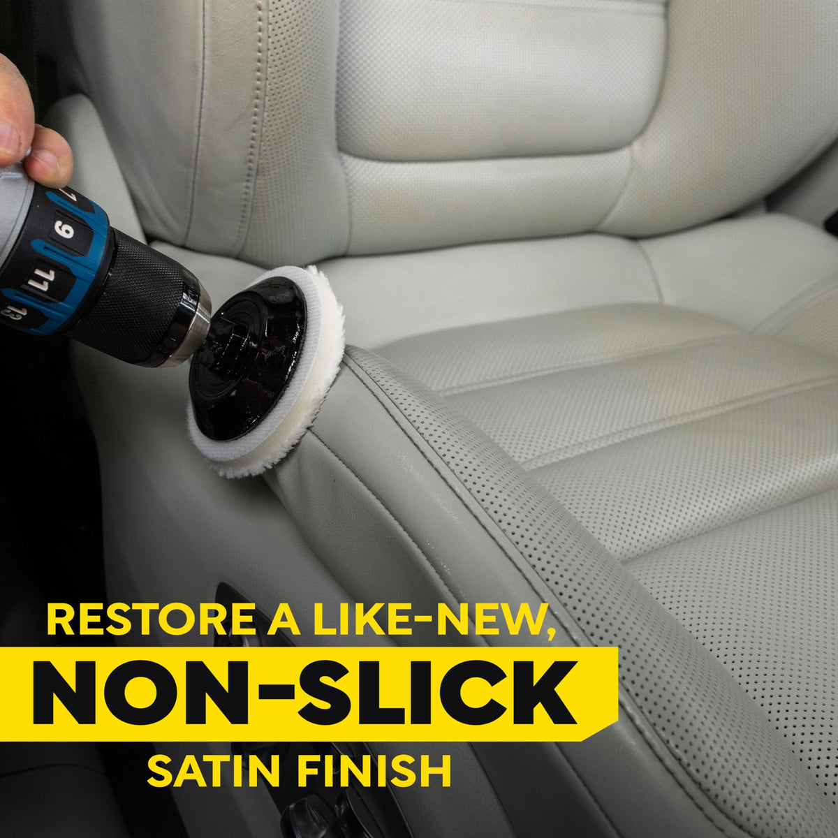Meguiar's kit being used on a car seat for efficient grime removal