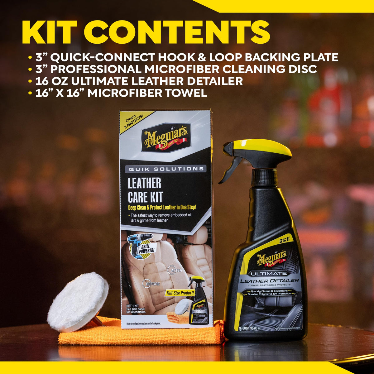 Meguiar's complete kit contents laid out for easy one-step leather care