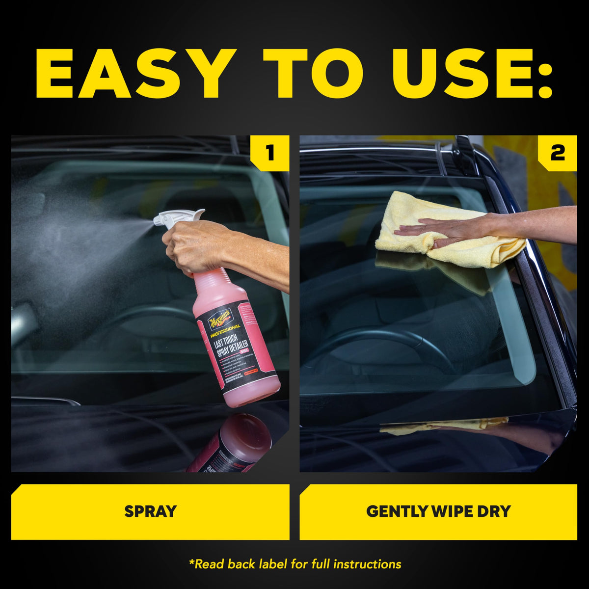 Meguiar's bottle with microfiber towel showing streak-free buffing benefit