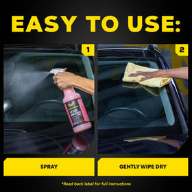 Meguiar's bottle with microfiber towel showing streak-free buffing benefit