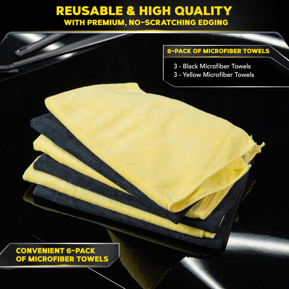 Meguiar's towels staged beside a polished car illustrating professional detailing results