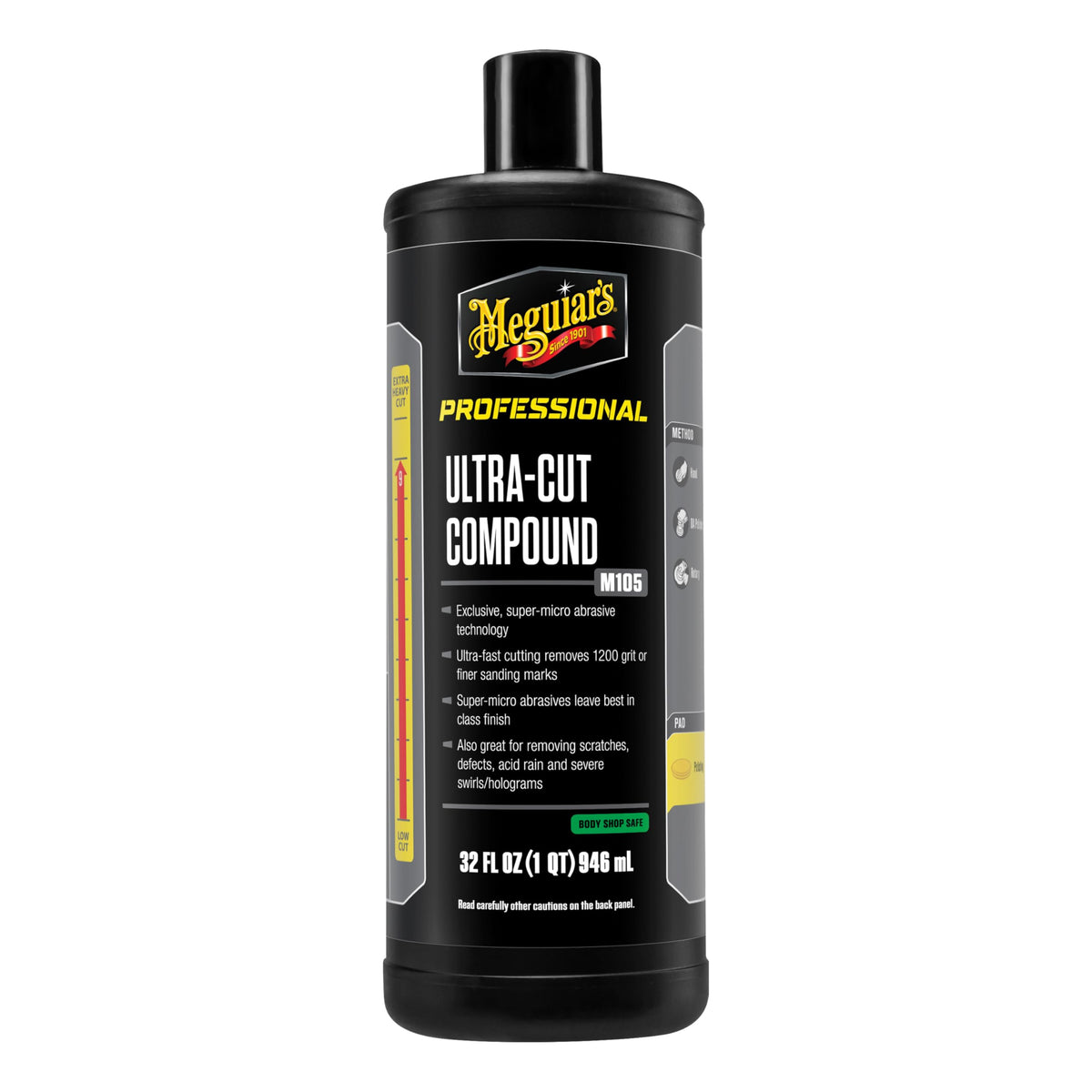 Meguiar's frontal 32 oz bottle showing professional packaging and fast-cut benefit