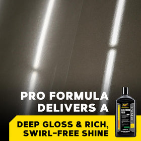 Meguiar's applicator pad on car panel, precise application for swirl removal benefit