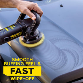 Meguiar's before and after reflection on paint, demonstrates defect removal and depth