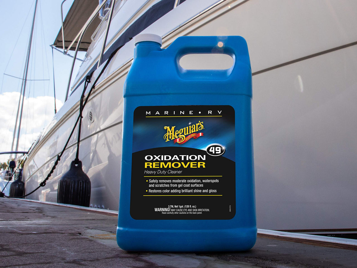 Meguiar's gel coat remover texture poured onto pad showing consistency and easy application benefit