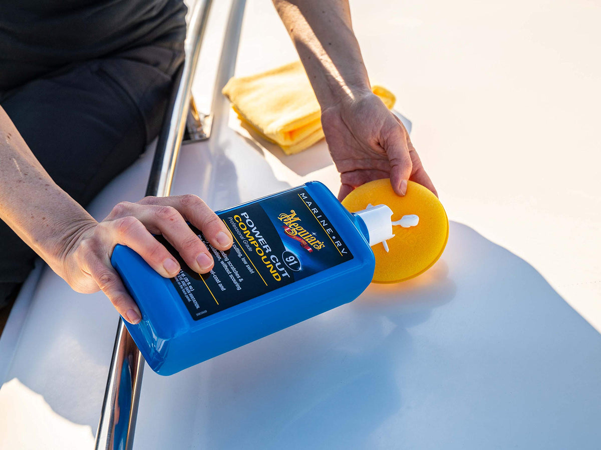 Meguiar's M9132 applied with a rotary buffer showing efficient scratch removal